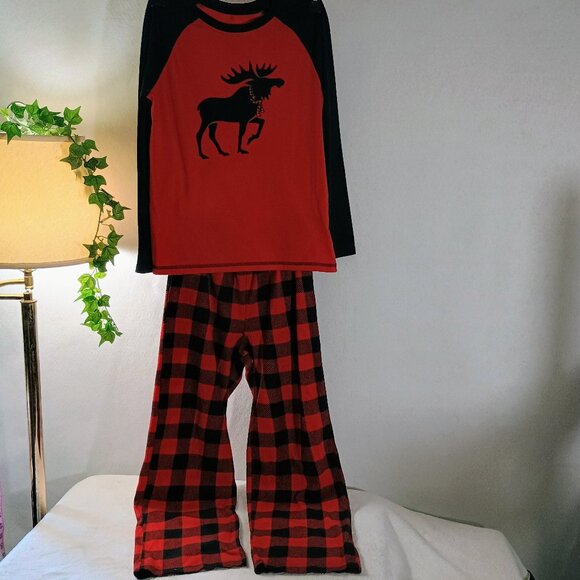VGUC: Kids' Faded Glory sz XL 14/16 Moose Red Black Plaid Pajama Set - Picture 1 of 7